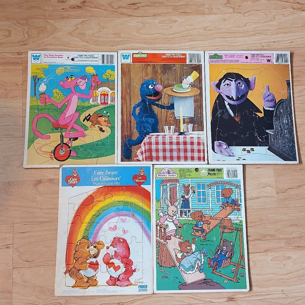 Vtg 80's Frame Tray Puzzles, Sesame Street, Care Bears, Pink Panther, etc
